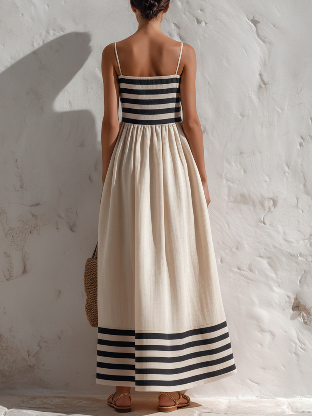 Ortensia | Black & Beige Striped Maxi Dress with Thin Straps