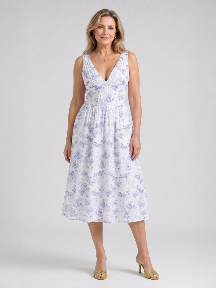 Sleeveless Floral V Neck Midi Dress