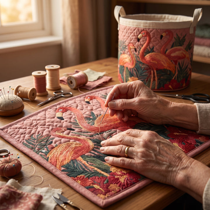 Flamingos in the Sun | Hand-Quilted Laundry Basket
