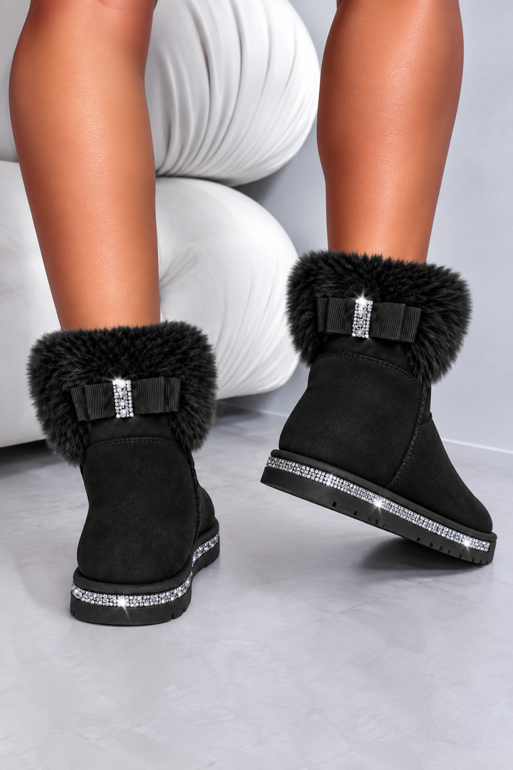 Crystal Faux Suede Snuggle Cloud Cuff Faux Fur Boots Black