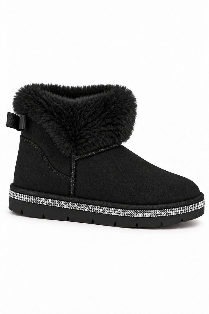 Crystal Faux Suede Snuggle Cloud Cuff Faux Fur Boots Black