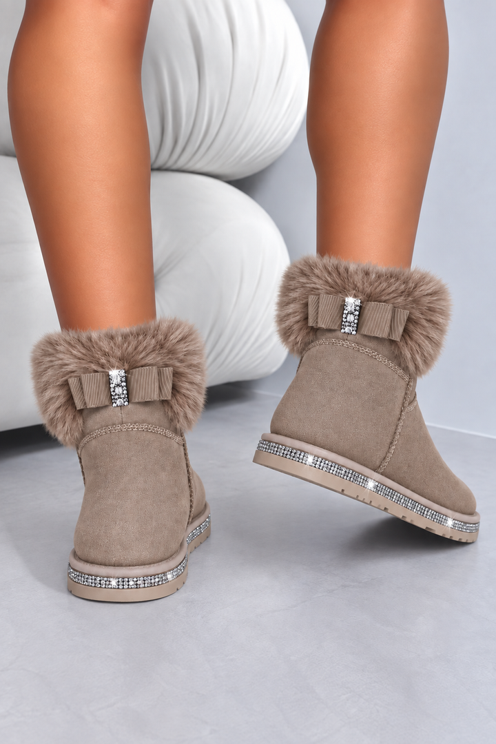 Crystal Faux Suede Snuggle Cloud Cuff Faux Fur Boots Mocha