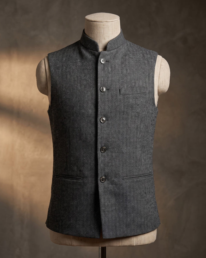 Rodolfo Herringbone Nehru Waistcoat
