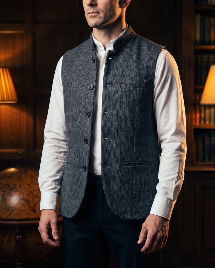 Rodolfo Herringbone Nehru Waistcoat