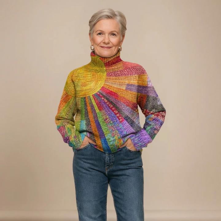 MARA | COLOURFUL SUN COLLAGE PRINT KNIT TURTLENECK PULLOVER JUMPER